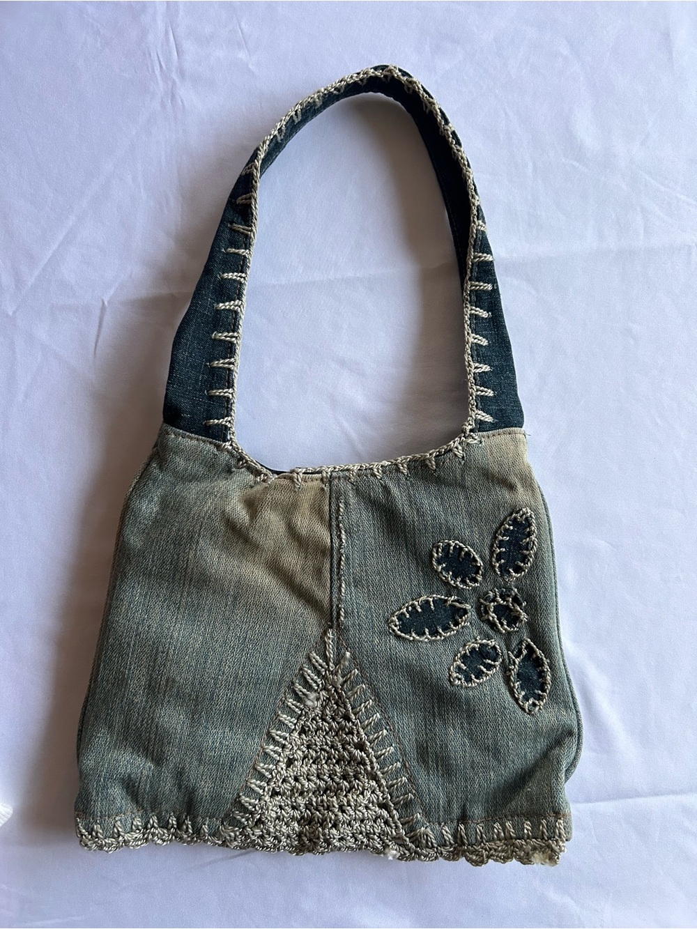 Vintage Green Denim Shoulder Bag with Embroidered Flower